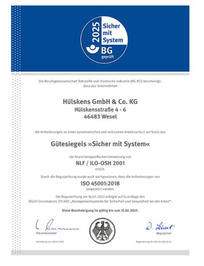 Gütesiegel Sicher mit System für Hülskens GmbH & Co. KG